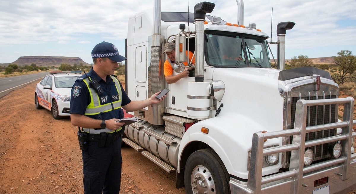 A police officer checking a phone held out by a truck driver on an outback road