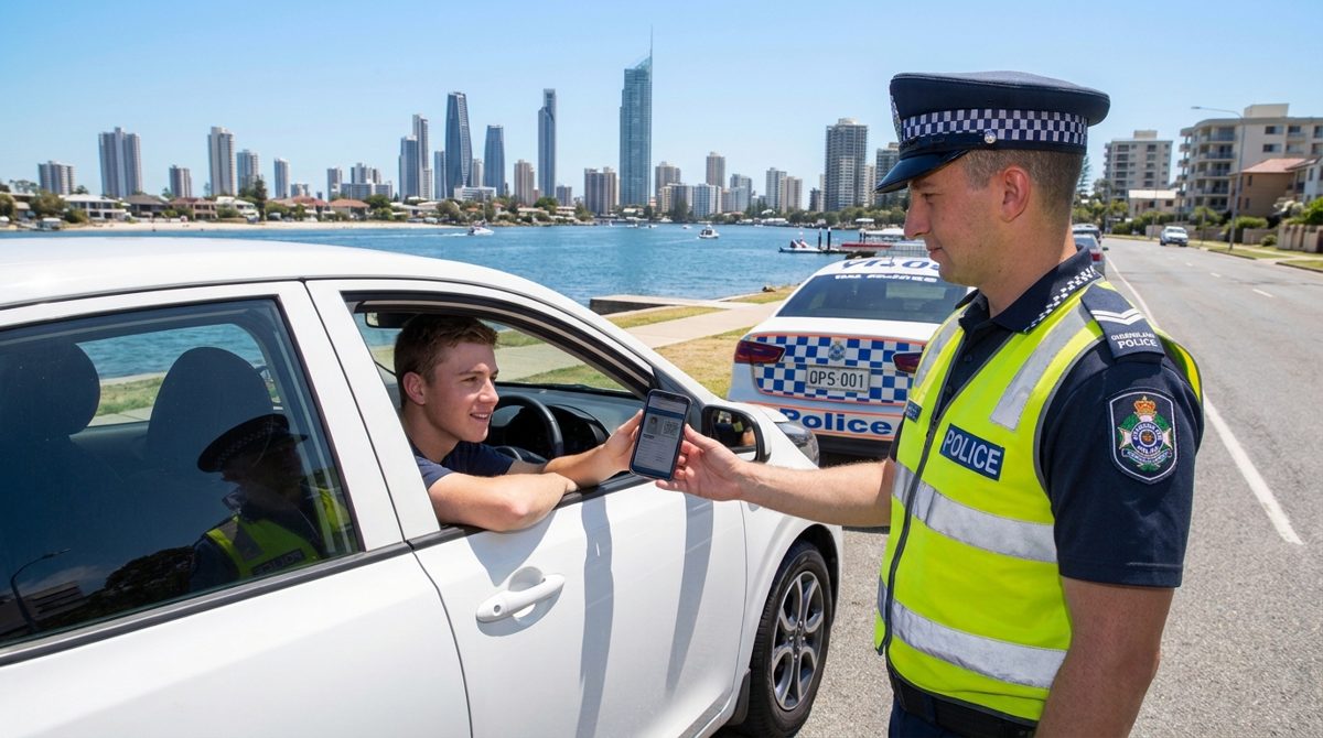 A young driver on the Gold Coast handing a phone to a police officer