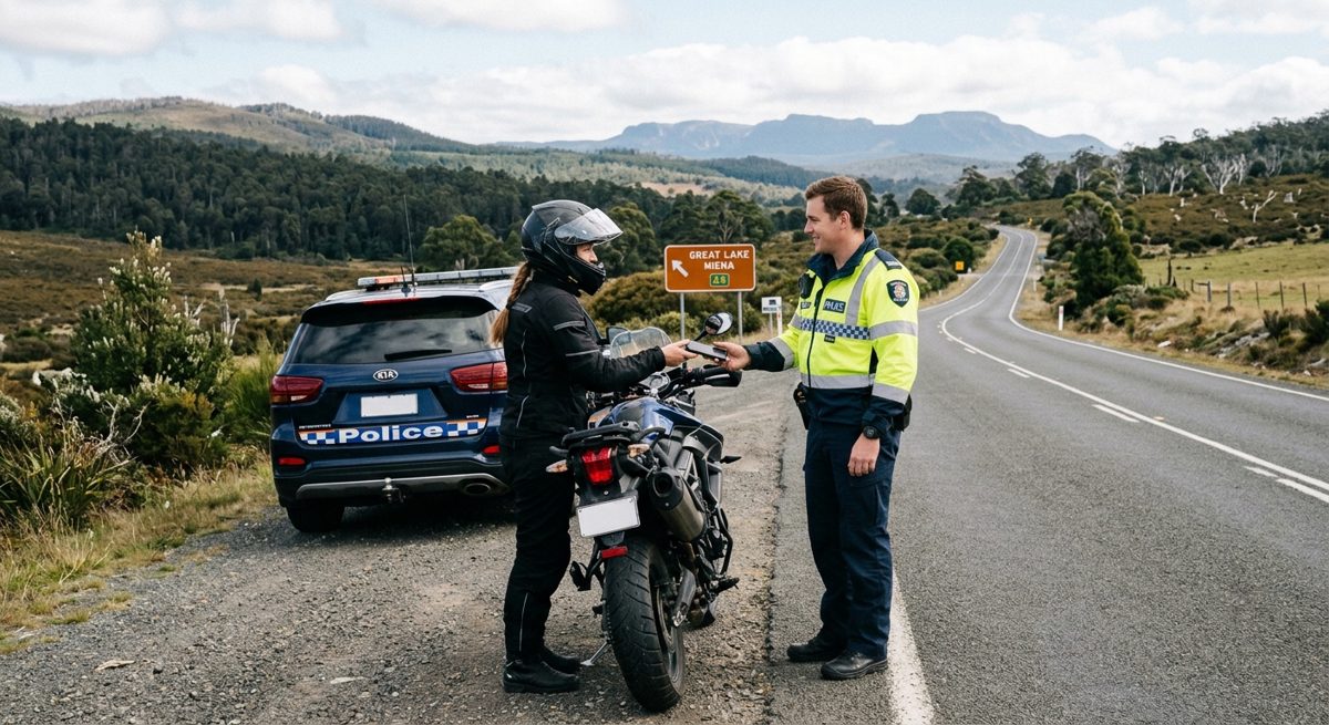 A motorcyclist handing a phone to a police officer on a Tasmanian highland road