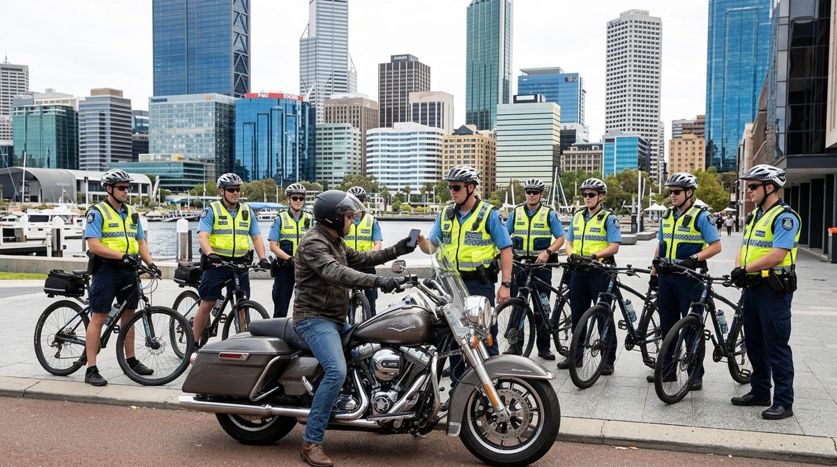 A rider in Perth showing a phone to police officers on bicycles