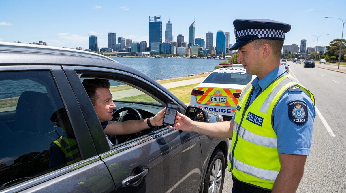 A driver in Perth showing a locked phone to a police officer at the roadside